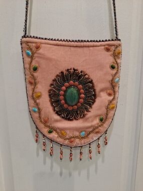 Artisan Handcrafted Pink Silk Velvet Bead Feather Crossbody Bag Gemstone Accent